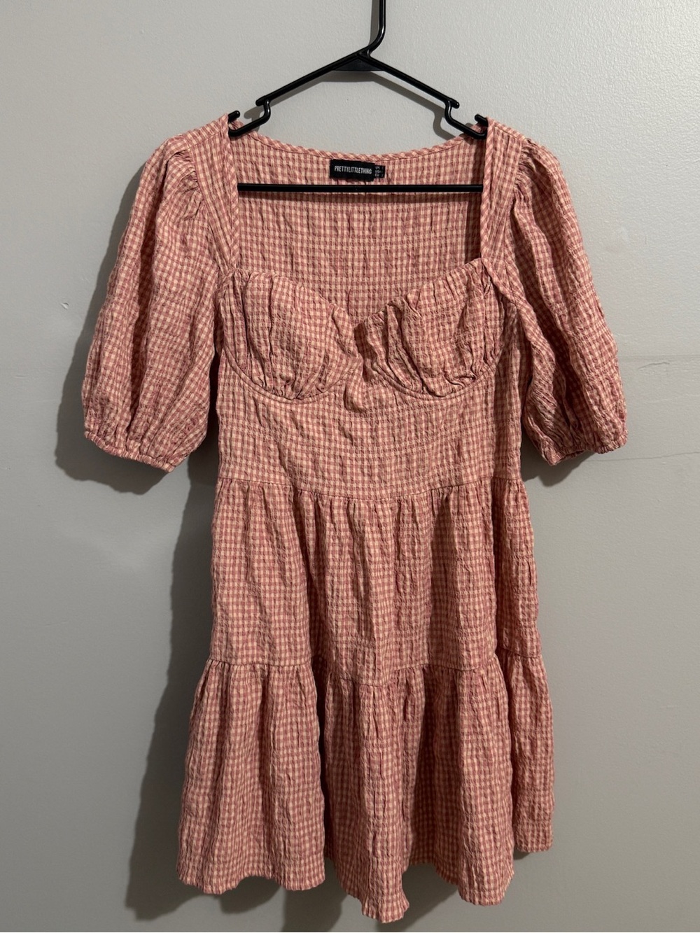 Pretty Little Thing Dress Womens 6 Pink Gingham Gauze Milkmaid Puff Sleeve